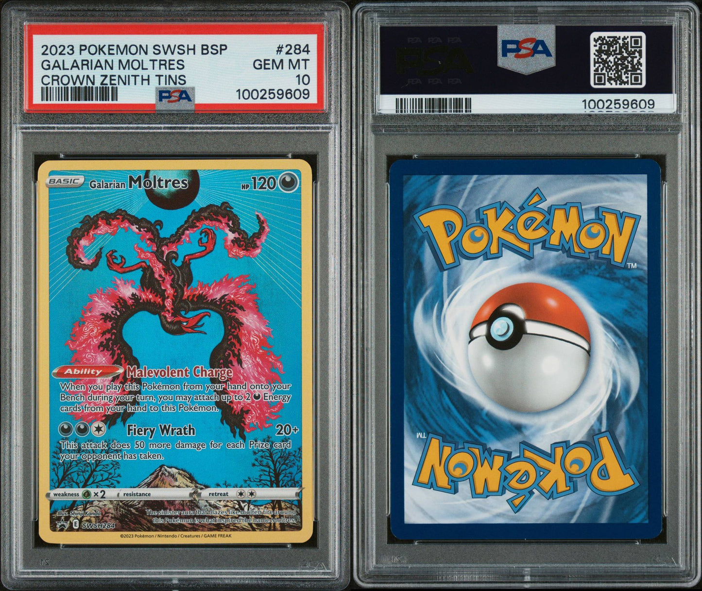 PSA GEM MINT 10 - 2023 POKEMON SWSH BLACK STAR PROMO CROWN ZENITH TINS GALARIAN MOLTRES #284