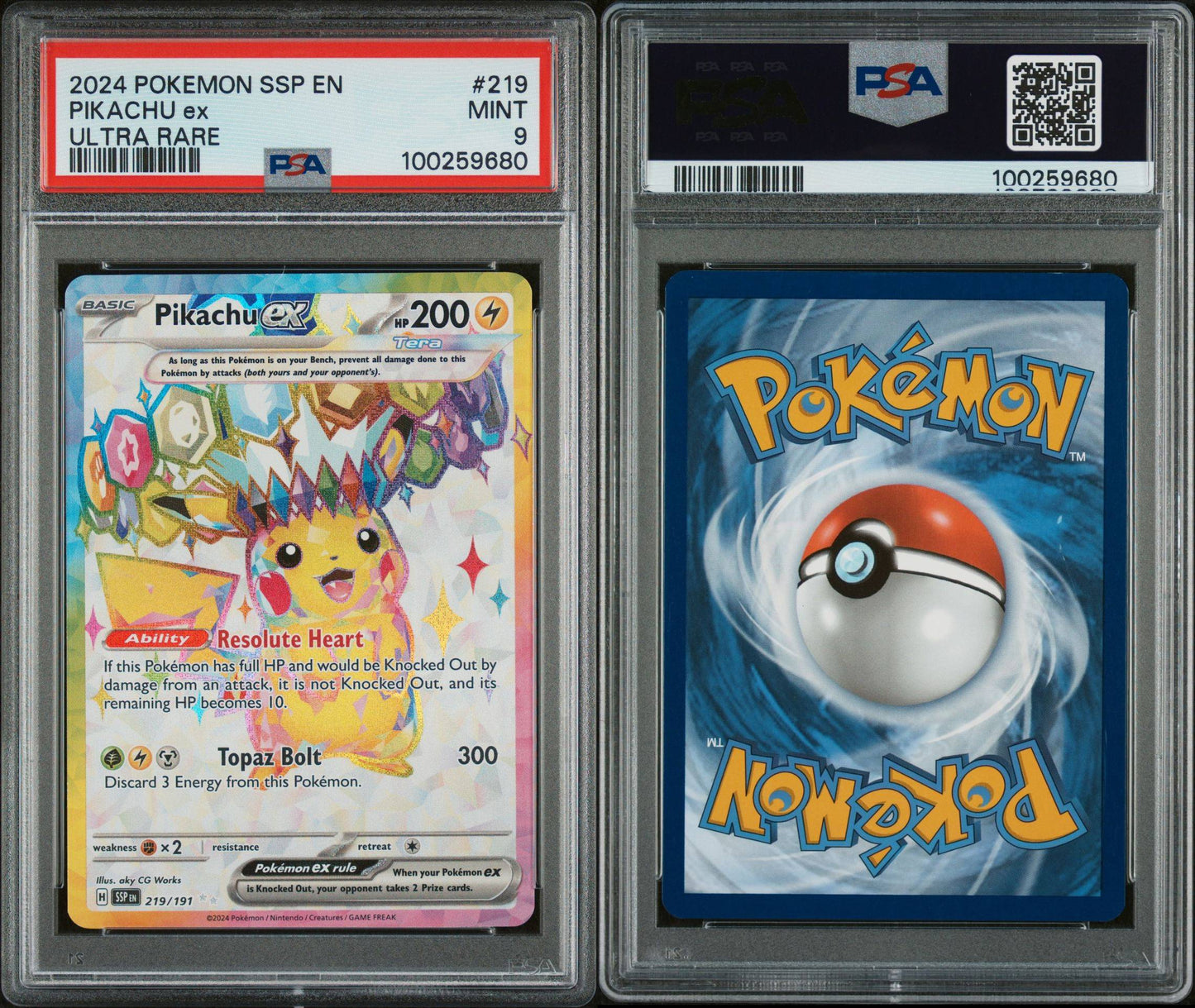 PSA MINT 9 - 2024 POKEMON SSP EN-SURGING SPARKS ULTRA RARE PIKACHU ex #219