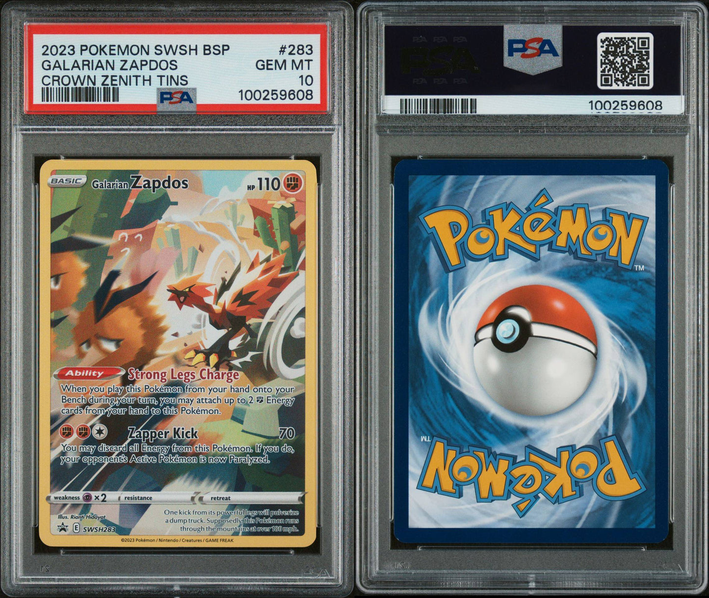 PSA GEM MINT 10 - 2023 POKEMON SWSH BLACK STAR PROMO CROWN ZENITH TINS GALARIAN ZAPDOS #283