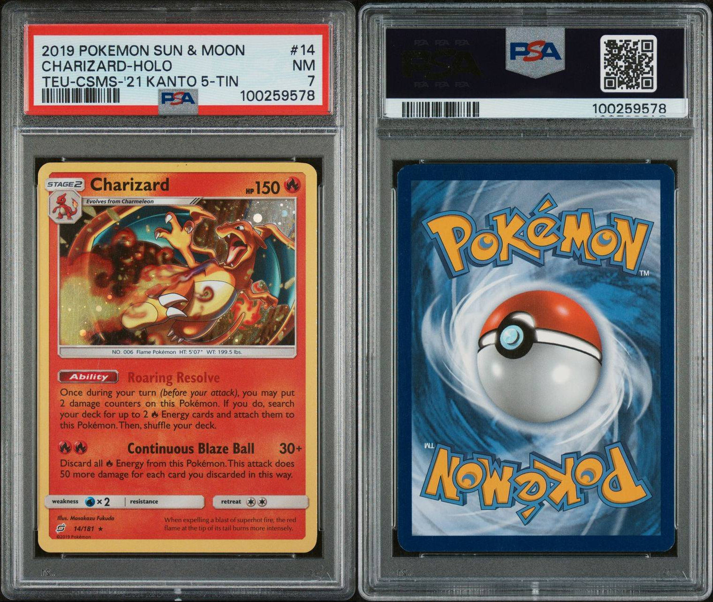 PSA NM 7 - 2019 POKEMON SUN & MOON TEAM UP TEU-CSMS-'21 KANTO 5-TIN CHARIZARD-HOLO #14