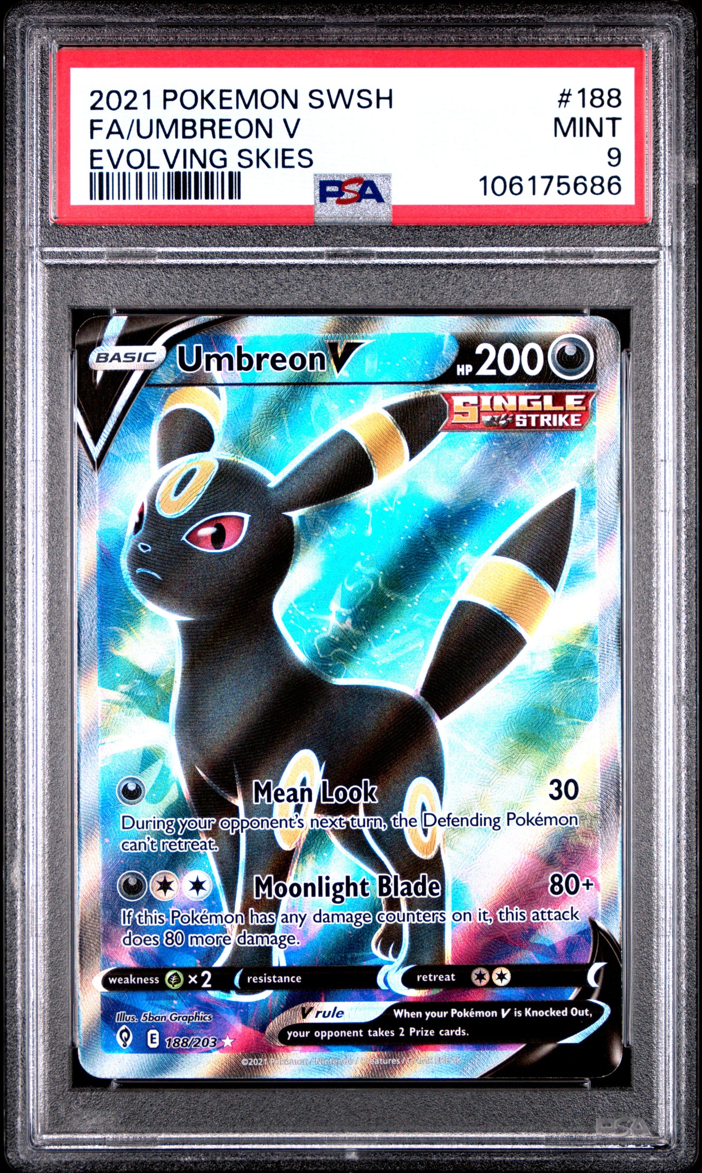 PSA MINT 9 - 2021 POKEMON SWORD & SHIELD EVOLVING SKIES #188 FA/UMBREON V EVOLVING SKIES