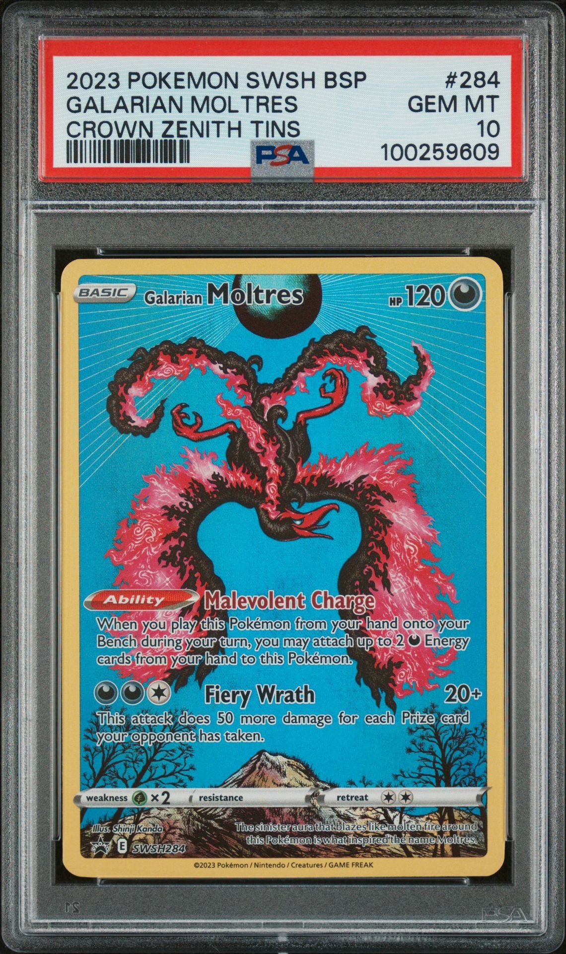 PSA GEM MINT 10 - 2023 POKEMON SWSH BLACK STAR PROMO CROWN ZENITH TINS GALARIAN MOLTRES #284