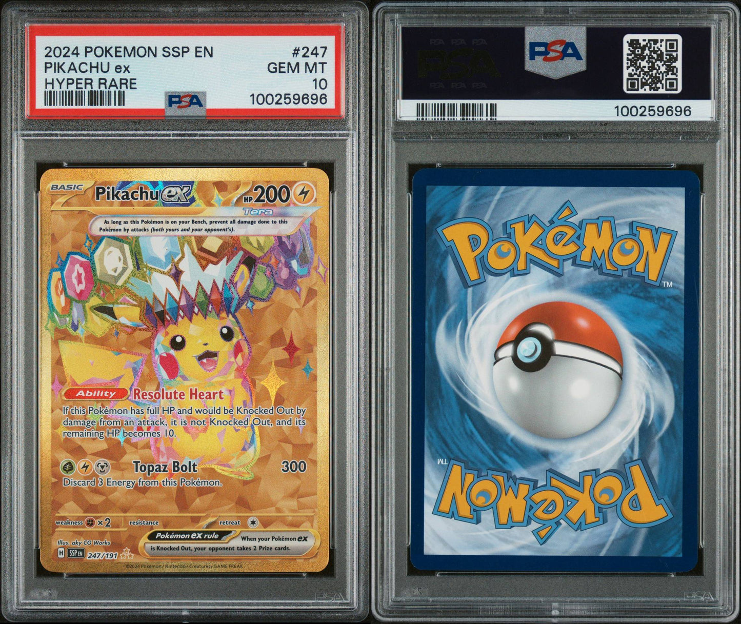 PSA GEM MINT 10 - 2024 POKEMON SSP EN-SURGING SPARKS HYPER RARE PIKACHU ex #247