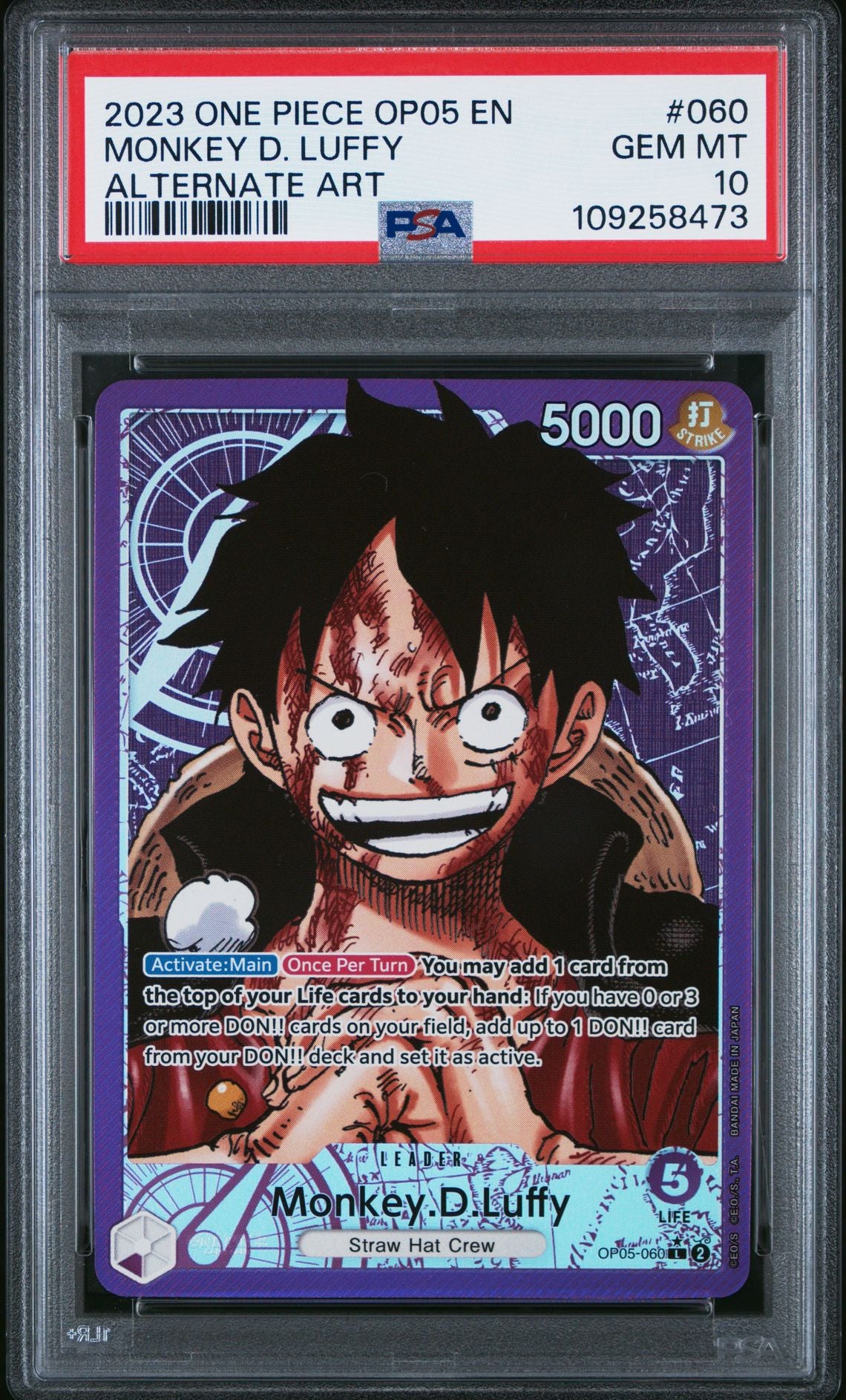 PSA GEM MINT 10 - 2023 ONE PIECE OP05-AWAKENING OF THE NEW ERA 060 MONKEY D. LUFFY ALTERNATE ART