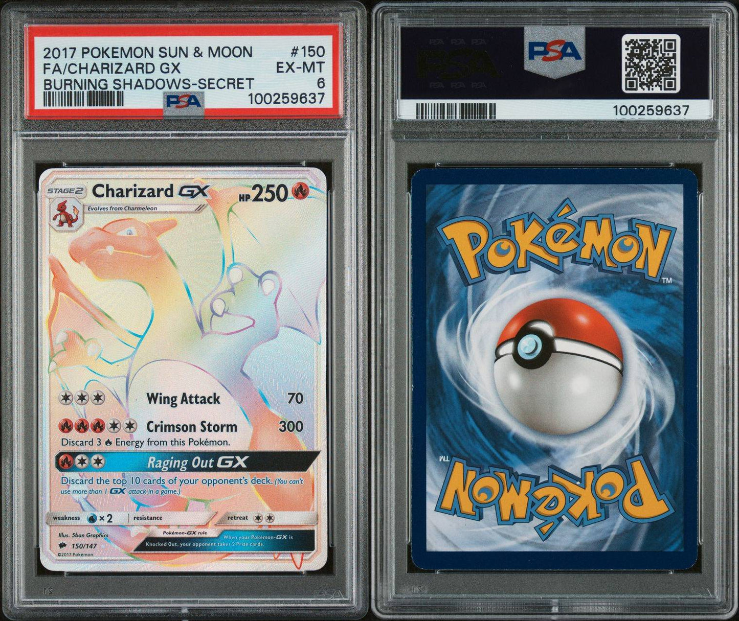 PSA EX-MT 6 - 2017 POKEMON SUN & MOON BURNING SHADOWS BURNING SHADOWS-SECRET FA/CHARIZARD GX #150