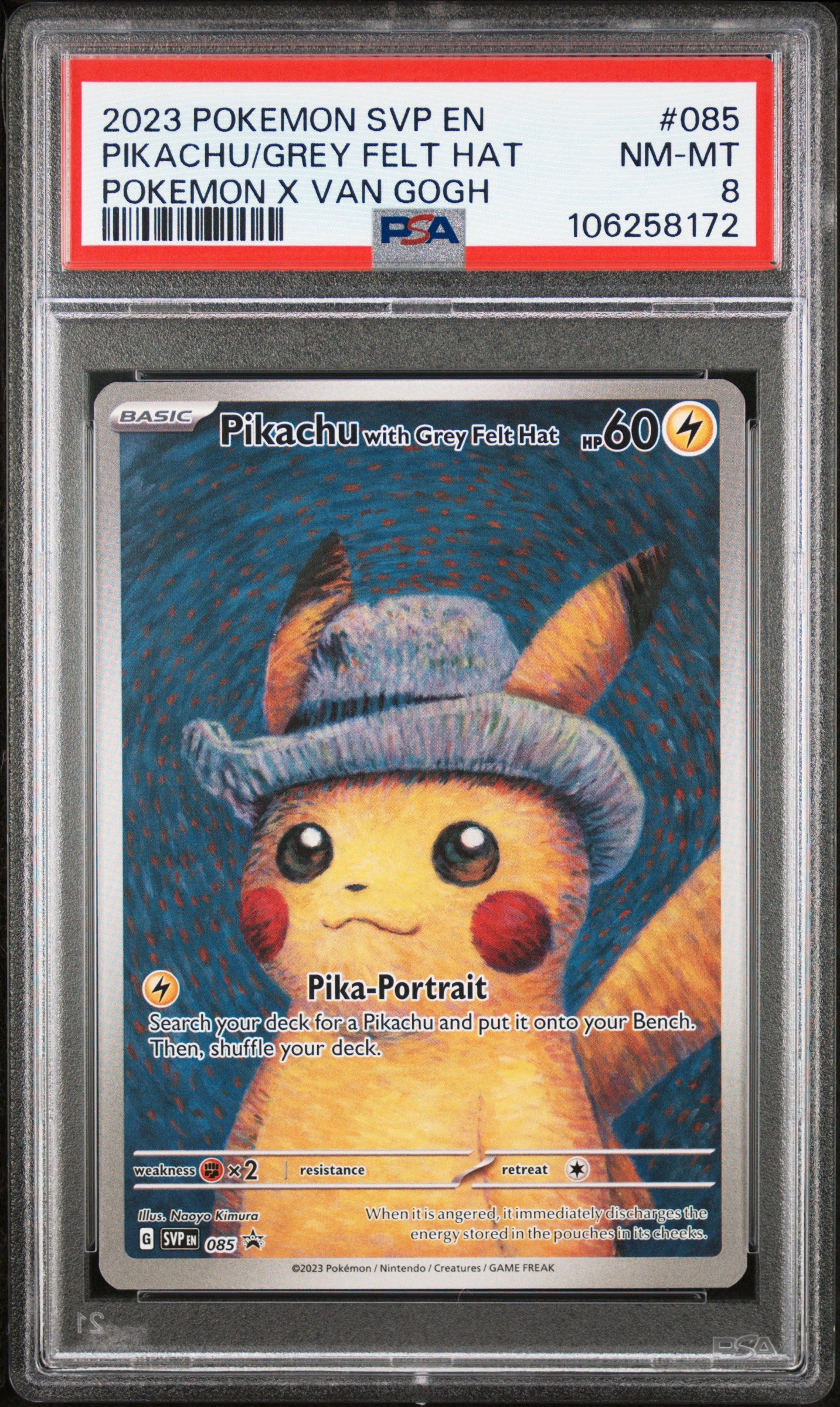 PSA NM MT 8 - 2023 POKEMON SVP EN-SV BLACK STAR PROMO #085 PIKACHU/GREY FELT HAT POKEMON X VAN GOGH