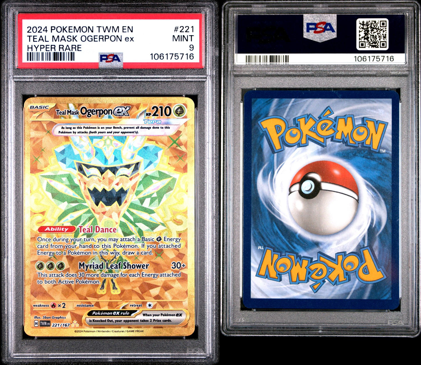 PSA MINT 9 - 2024 POKEMON TWM EN-TWILIGHT MASQUERADE #221 TEAL MASK OGERPON EX HYPER RARE