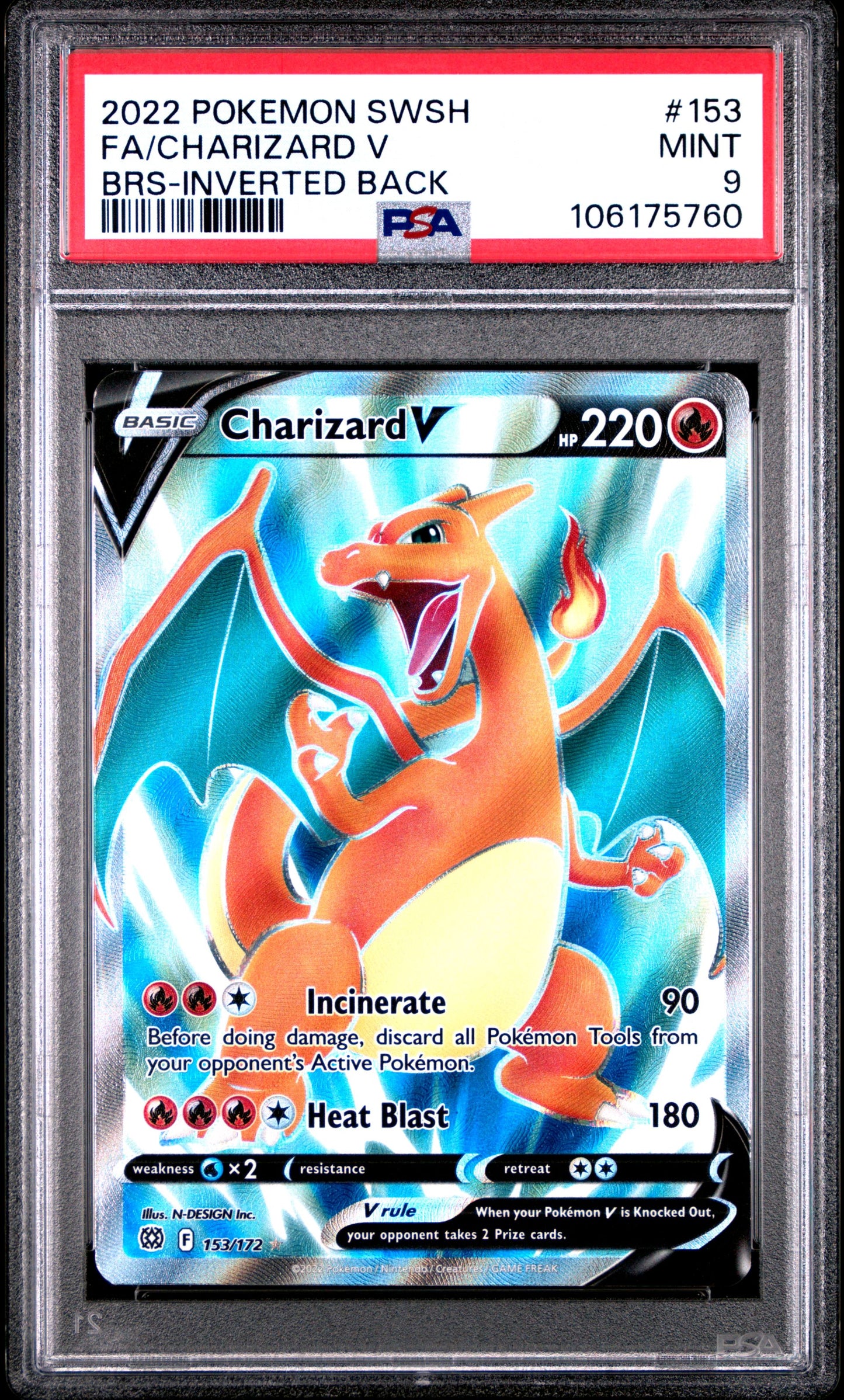 PSA MINT 9 - 2022 POKEMON SWORD & SHIELD BRILLIANT STARS FA/CHARIZARD V #153