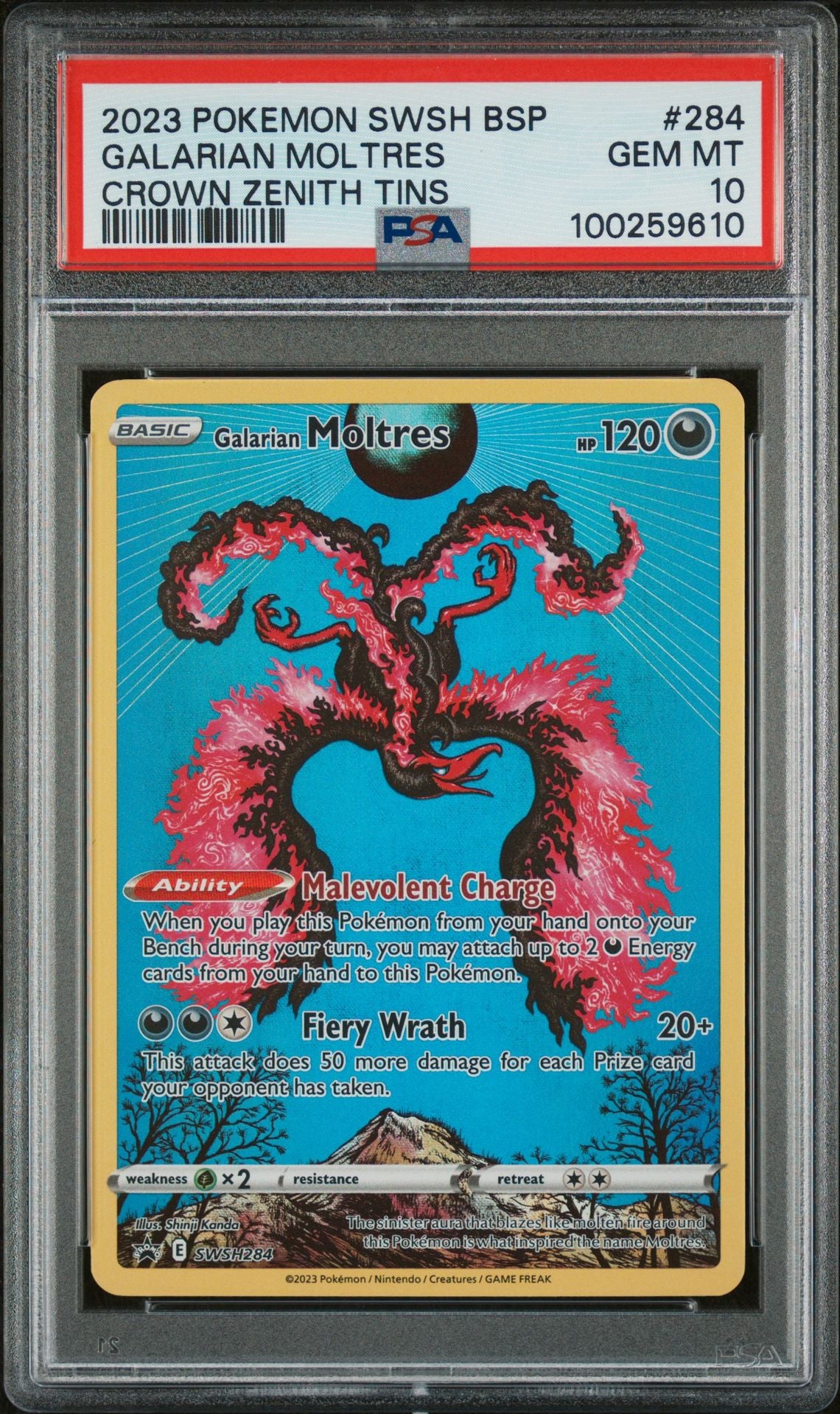 PSA GEM MINT 10 - 2023 POKEMON SWSH BLACK STAR PROMO CROWN ZENITH TINS GALARIAN MOLTRES #284