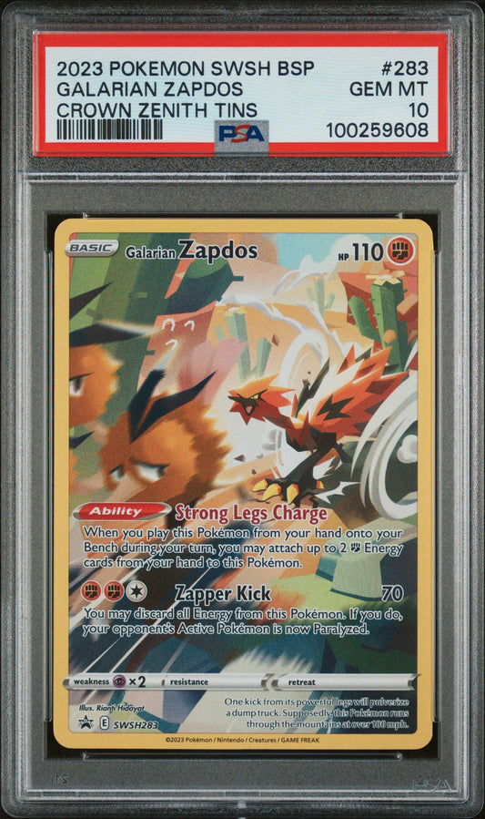 PSA GEM MINT 10 - 2023 POKEMON SWSH BLACK STAR PROMO CROWN ZENITH TINS GALARIAN ZAPDOS #283