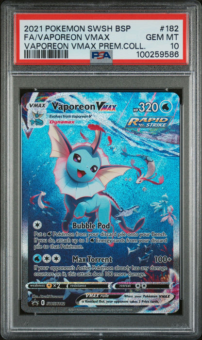 PSA GEM MINT 10 - 2021 POKEMON SWSH BLACK STAR PROMO VAPOREON VMAX PREM.COLL.FA/VAPOREON VMAX #182