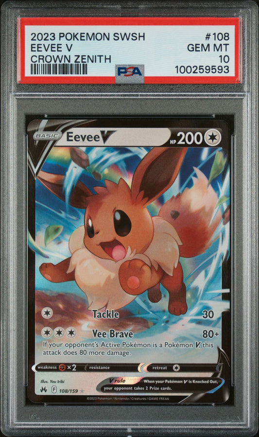 PSA GEM MINT 10 - 2023 POKEMON SWORD AND SHIELD CROWN ZENITH EEVEE V #108