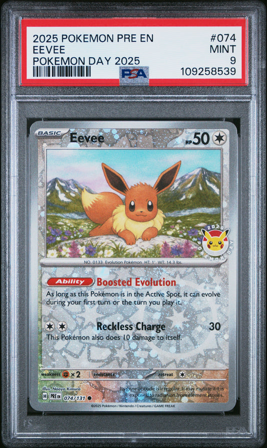PSA MINT 9 - 2025 POKEMON PRE EN-PRISMATIC EVOLUTIONS #074 EEVEE POKEMON DAY 2025