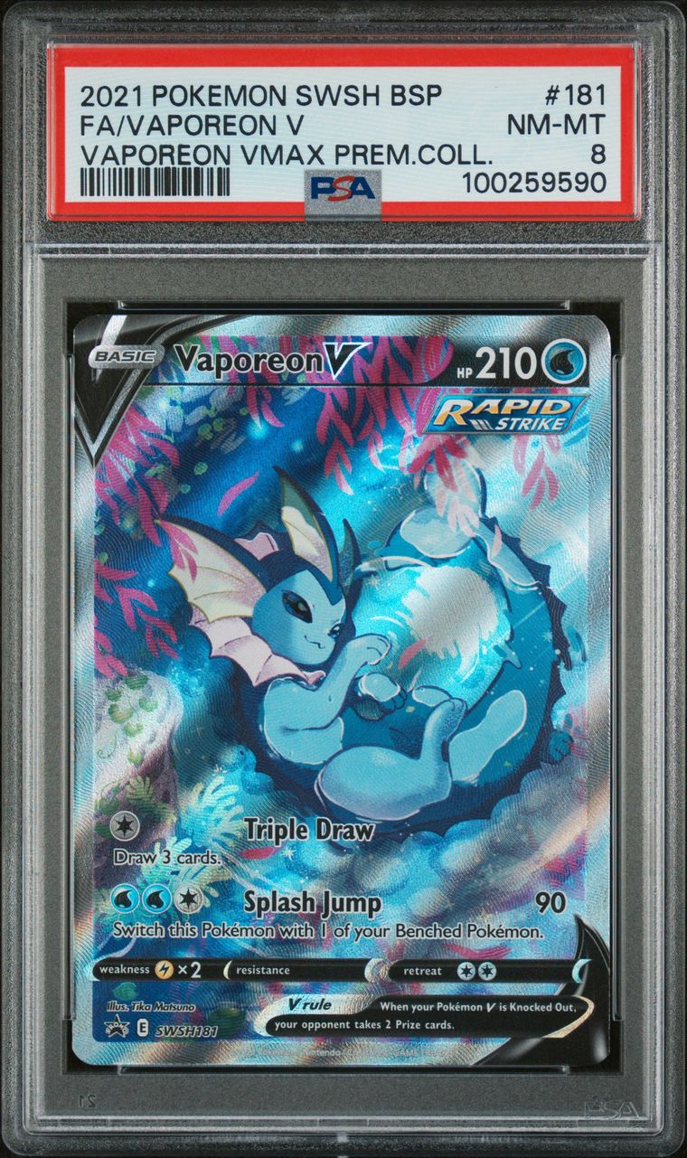 PSA NM-MT 8 - 2021 POKEMON SWSH BLACK STAR PROMO VAPOREON VMAX PREM.COLL.FA/VAPOREON V #181