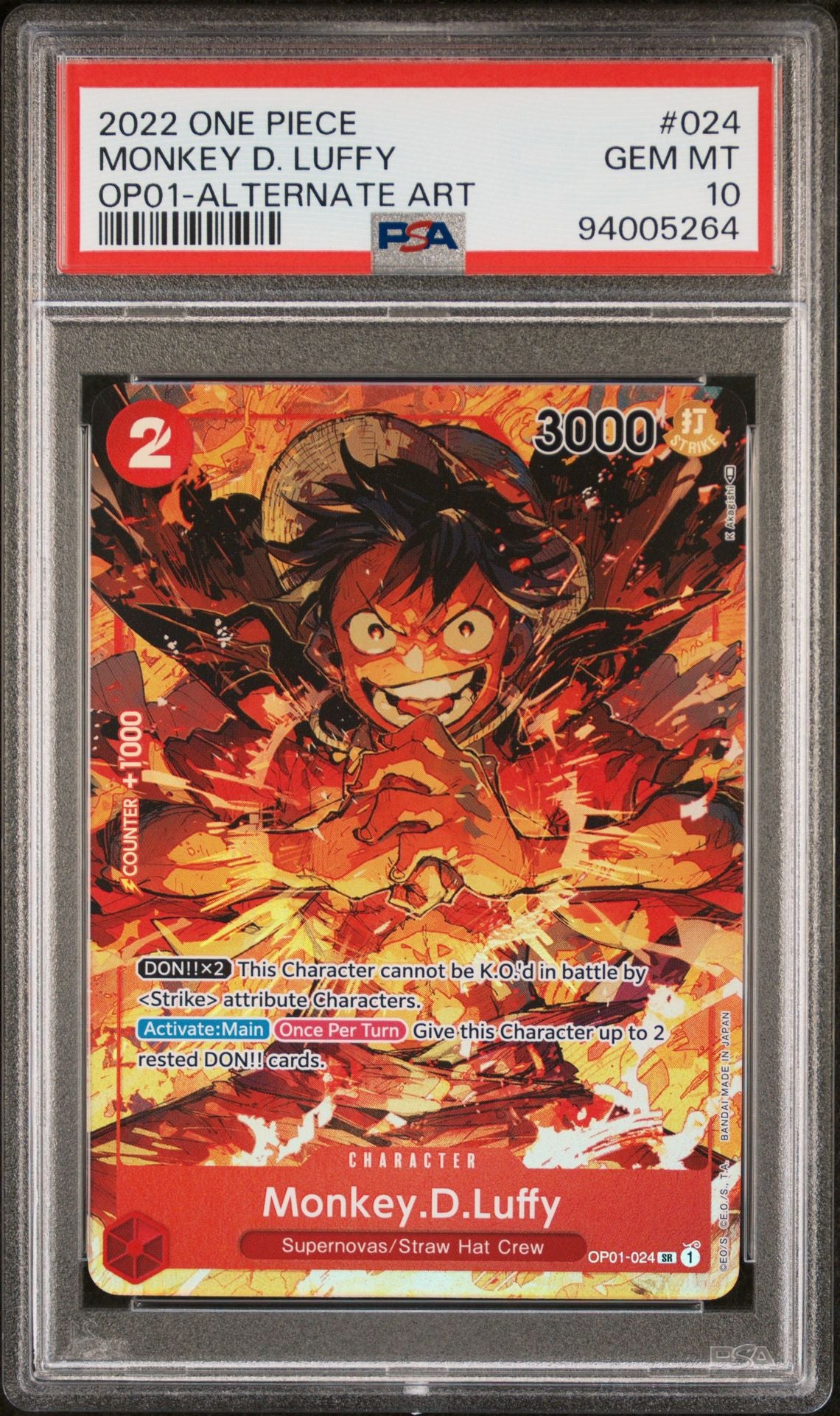 PSA 10 - GEM MINT - 2022 ONE PIECE ROMANCE DAWN 024 MONKEY D. LUFFY ALTERNATE ART