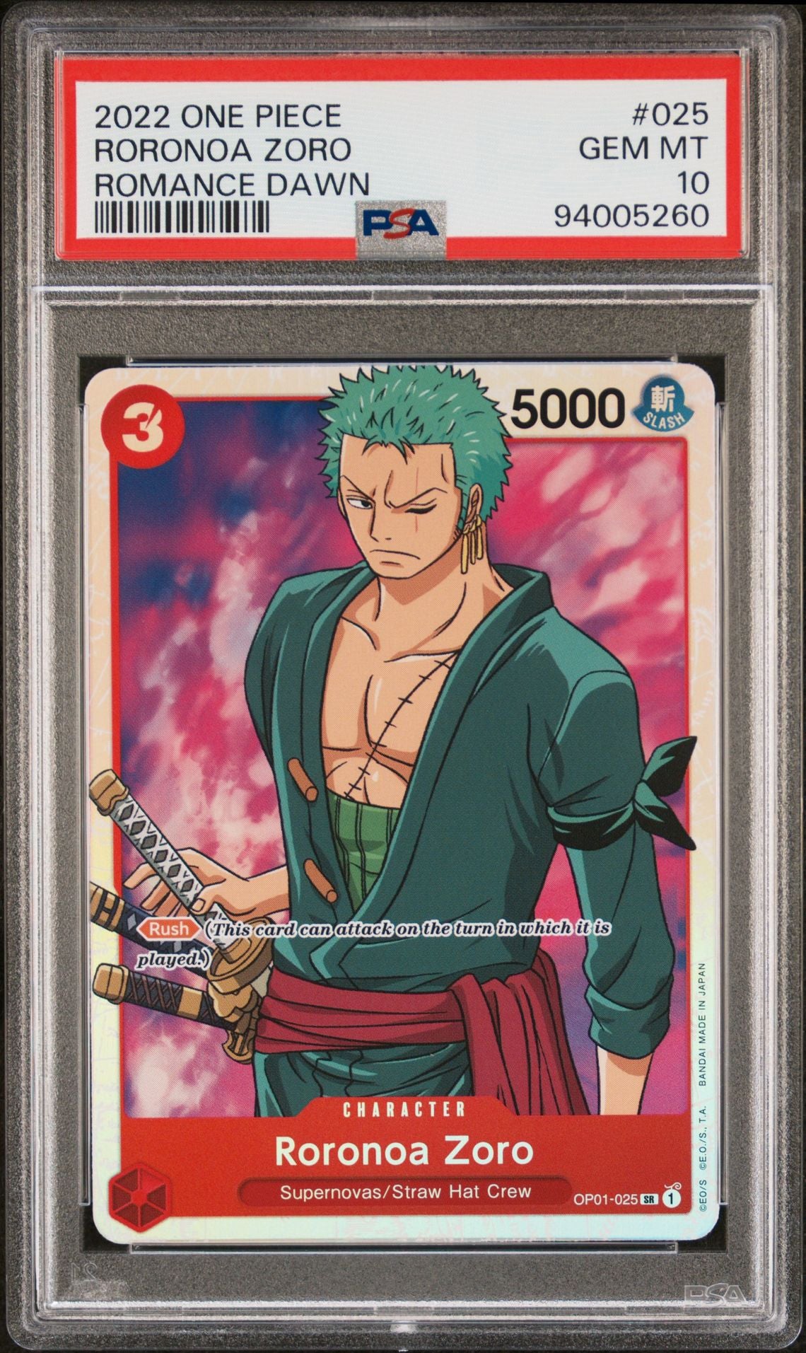 PSA 10 - GEM MINT - 2022 ONE PIECE ROMANCE DAWN 025 RORONOA ZORO