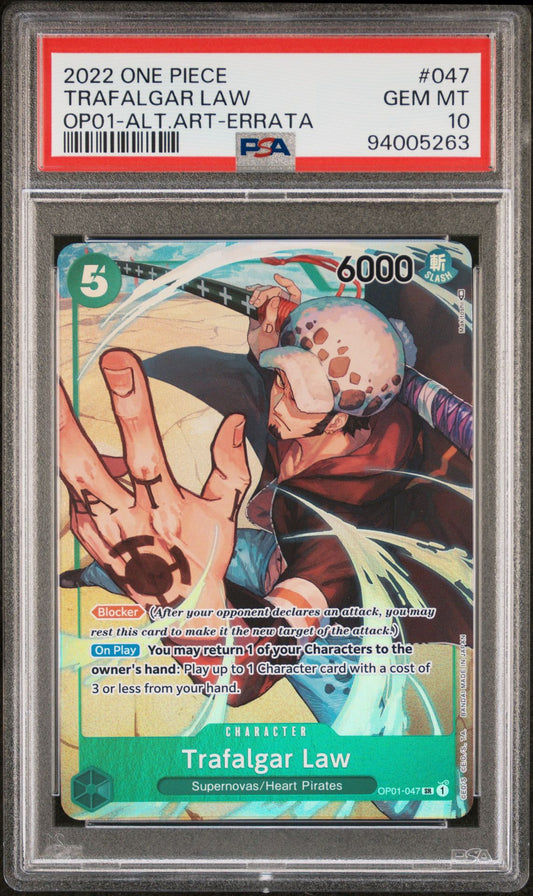 PSA 10 - GEM MINT - 2022 ONE PIECE ROMANCE DAWN 047 TRAFALGAR LAW ALTERNATE ART-ERRATA