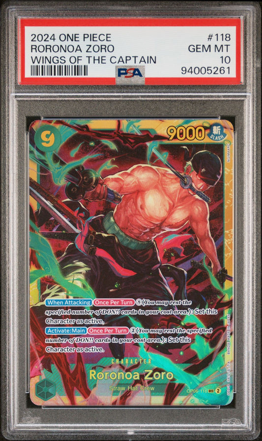 PSA 10 - GEM MINT - 2024 ONE PIECE WINGS OF THE CAPTAIN 118 RORONOA ZORO