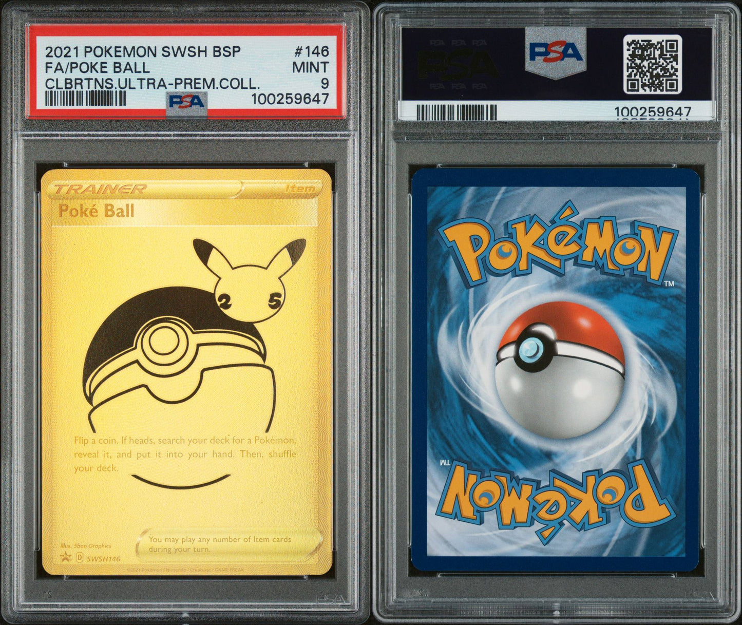 PSA MINT 9 - 2021 POKEMON SWSH BLACK STAR PROMO CLBRTNS.ULTRA-PREM.COLL.FA/POKE BALL #146