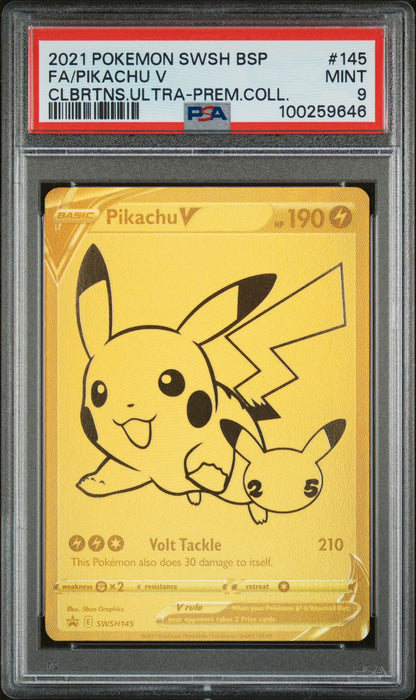 PSA MINT 9 - 2021 POKEMON SWSH BLACK STAR PROMO CLBRTNS.ULTRA-PREM.COLL.FA/PIKACHU V #145