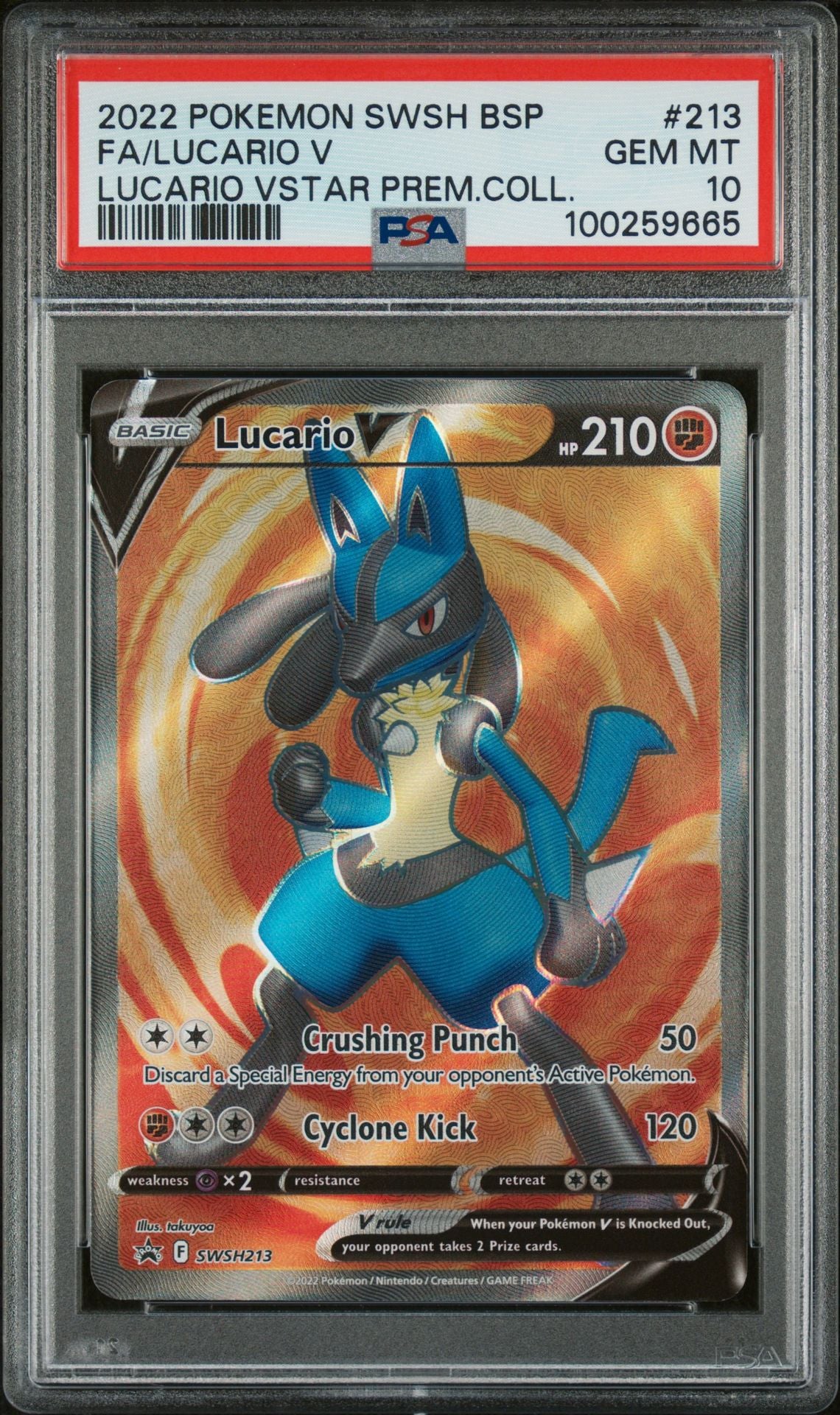 PSA GEM MINT 10 - 2022 POKEMON SWSH BLACK STAR PROMO LUCARIO V STAR PREM.COLL.FA/LUCARIO V #213