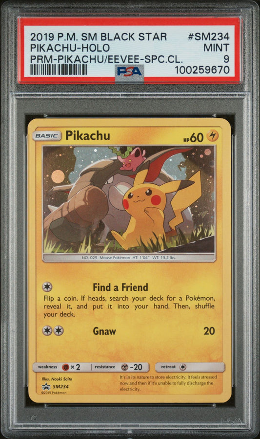 PSA MINT 9 - 2019 POKEMON SM BLACK STAR PROMO PRM-PIKACHU/EEVEE-SPC.CL.PIKACHU-HOLO #SM234