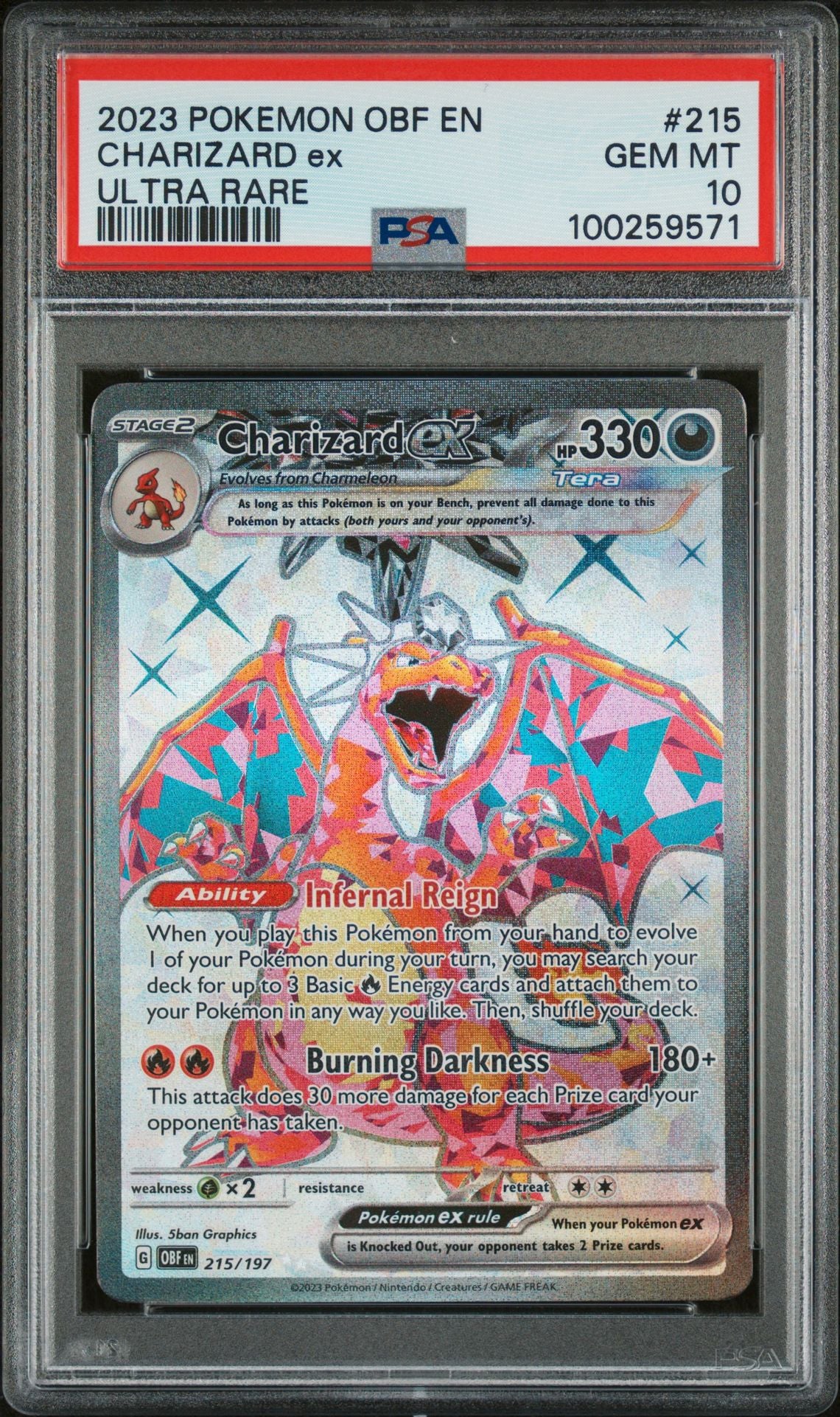 PSA GEM MINT 10 - 2023 POKEMON OBF EN-OBSIDIAN FLAMES ULTRA RARE CHARIZARD ex #215