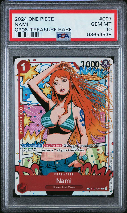 PSA GEM MINT 10 - 2024 ONE PIECE WINGS OF THE CAPTAIN OP06-TREASURE RARENAMI #007