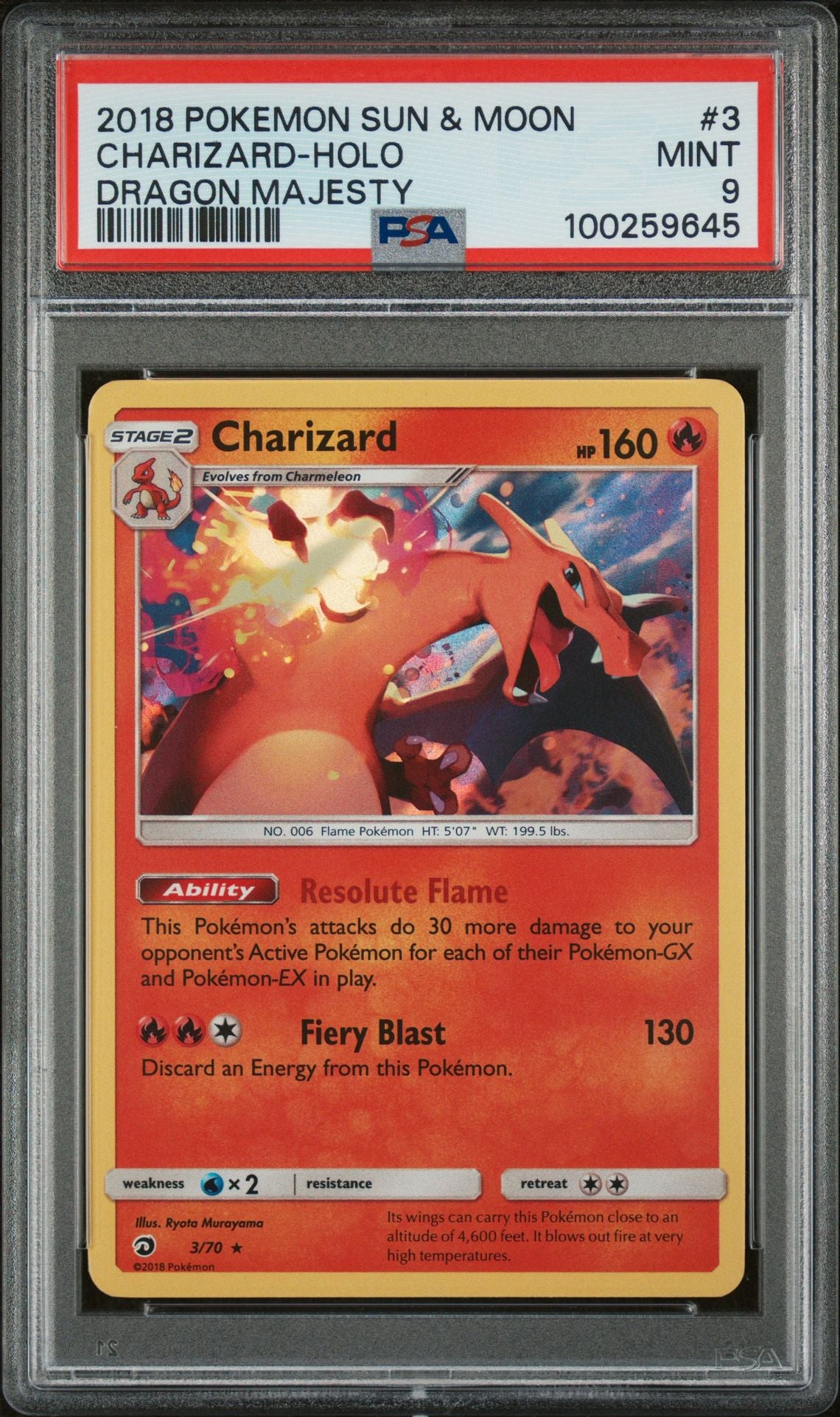 PSA MINT 9 - 2018 POKEMON SUN & MOON DRAGON MAJESTY CHARIZARD-HOLO #3