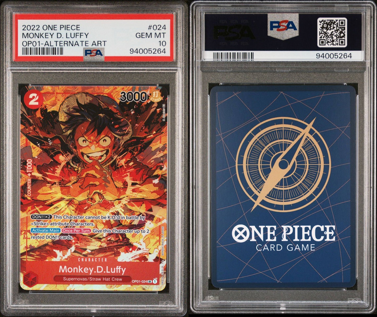 PSA 10 - GEM MINT - 2022 ONE PIECE ROMANCE DAWN 024 MONKEY D. LUFFY ALTERNATE ART