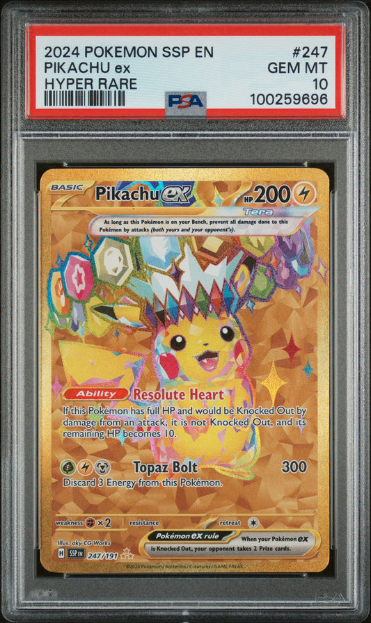 PSA GEM MINT 10 - 2024 POKEMON SSP EN-SURGING SPARKS HYPER RARE PIKACHU ex #247