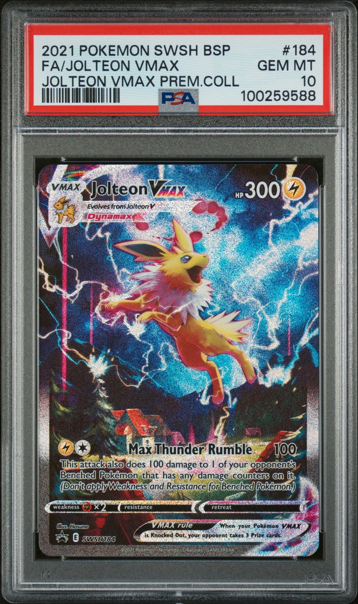 PSA GEM MINT 10 - 2021 POKEMON SWSH BLACK STAR PROMO JOLTEON VMAX PREM.COLLFA/JOLTEON VMAX #184