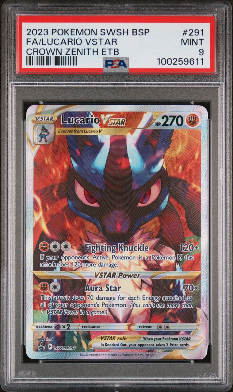 PSA MINT 9 - 2023 POKEMON SWSH BLACK STAR PROMO CROWN ZENITH ETB FA/LUCARIO V STAR #291