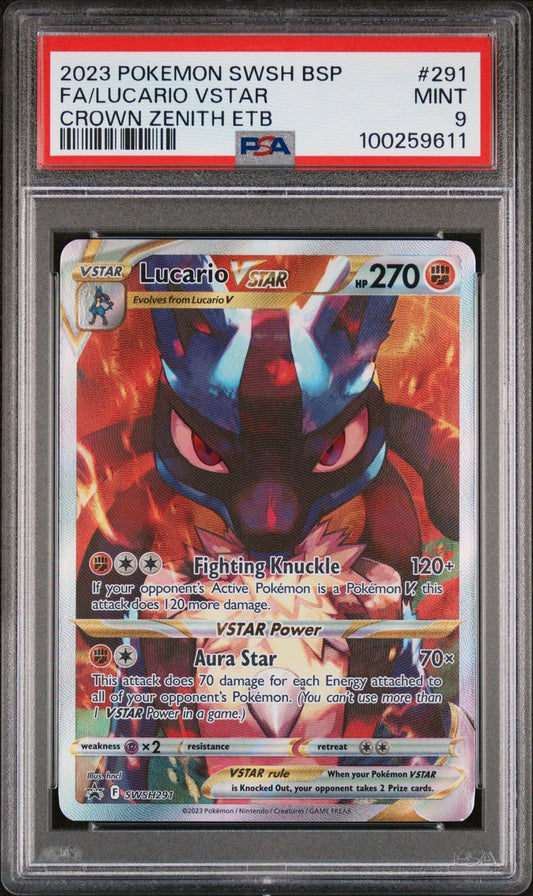 PSA MINT 9 - 2023 POKEMON SWSH BLACK STAR PROMO CROWN ZENITH ETB FA/LUCARIO V STAR #291