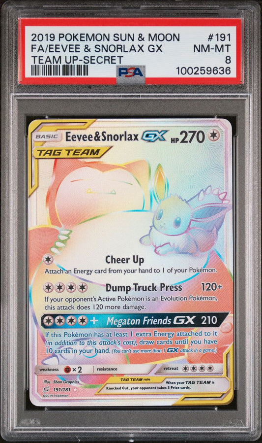 PSA NM-MT 8 - 2019 POKEMON SUN & MOON TEAM UP TEAM UP-SECRET FA/EEVEE & SNORLAX GX #191