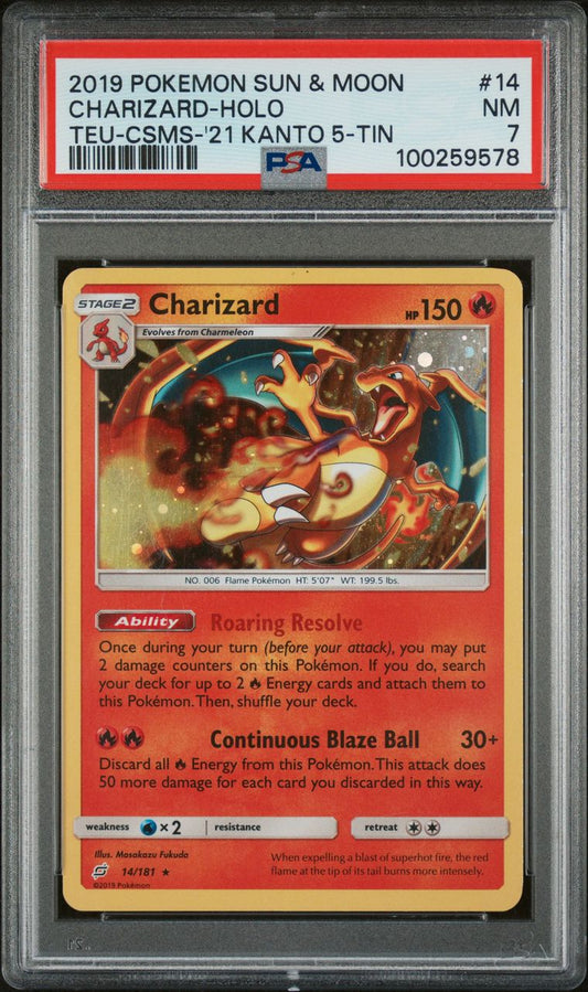 PSA NM 7 - 2019 POKEMON SUN & MOON TEAM UP TEU-CSMS-'21 KANTO 5-TIN CHARIZARD-HOLO #14