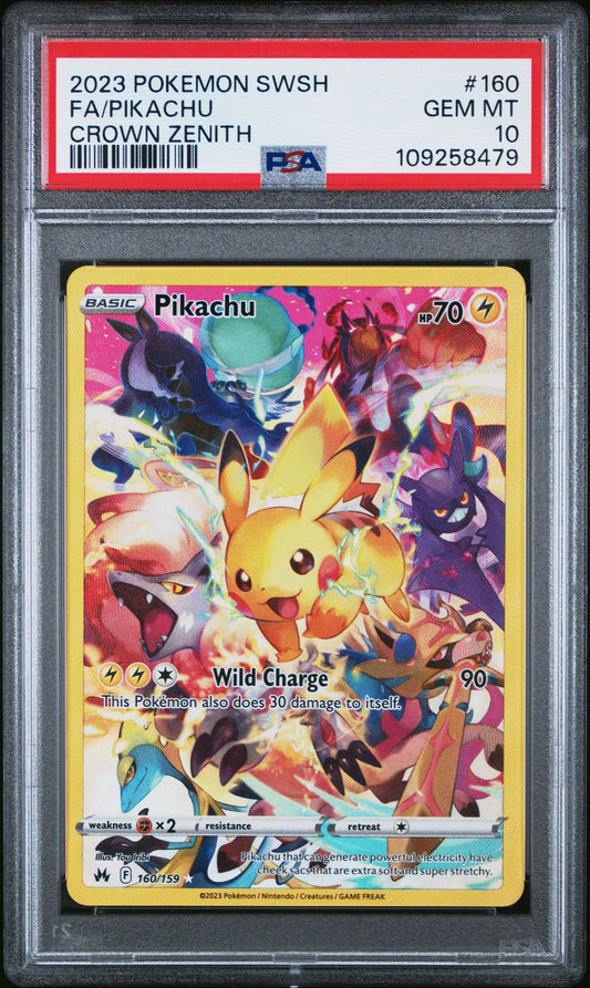 PSA GEM MINT 10 - 2023 POKEMON SWORD AND SHIELD CROWN ZENITH 160 FULL ART/PIKACHU