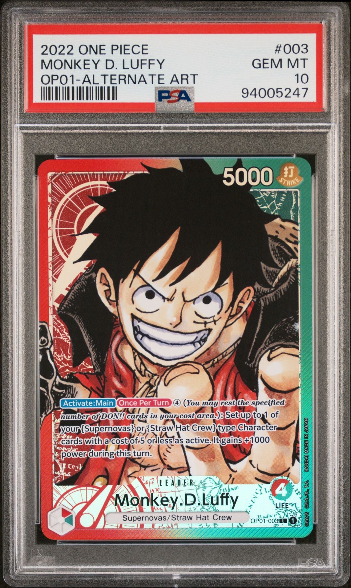 PSA 10 - OP01-003 Monkey D. Luffy Alternate Art. Gem Mint