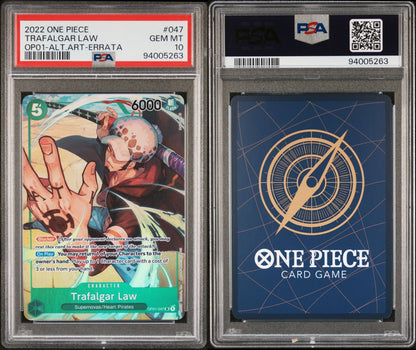 PSA 10 - GEM MINT - 2022 ONE PIECE ROMANCE DAWN 047 TRAFALGAR LAW ALTERNATE ART-ERRATA