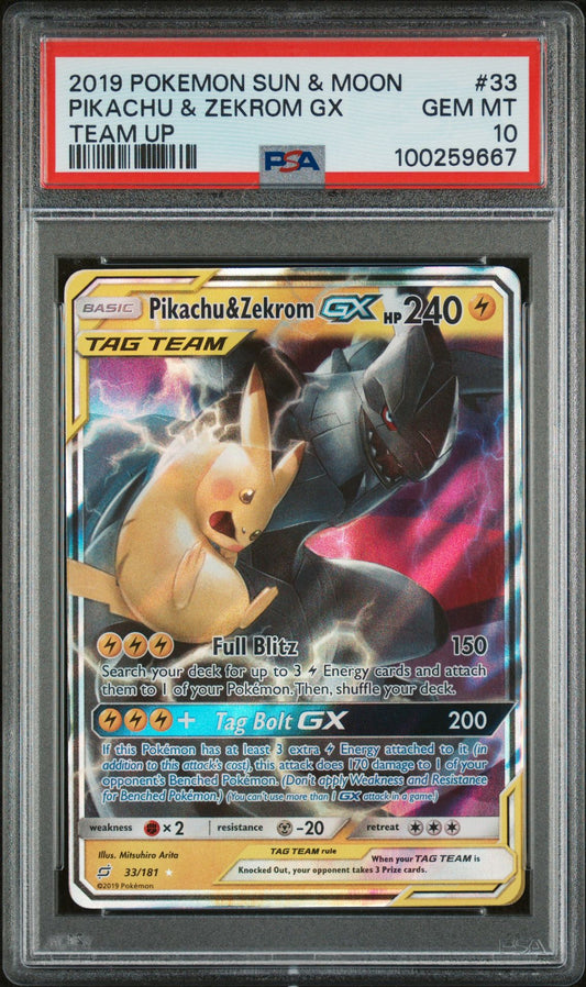 PSA GEM MINT 10 - 2019 POKEMON SUN & MOON TEAM UP PIKACHU & ZEKROM GX #33