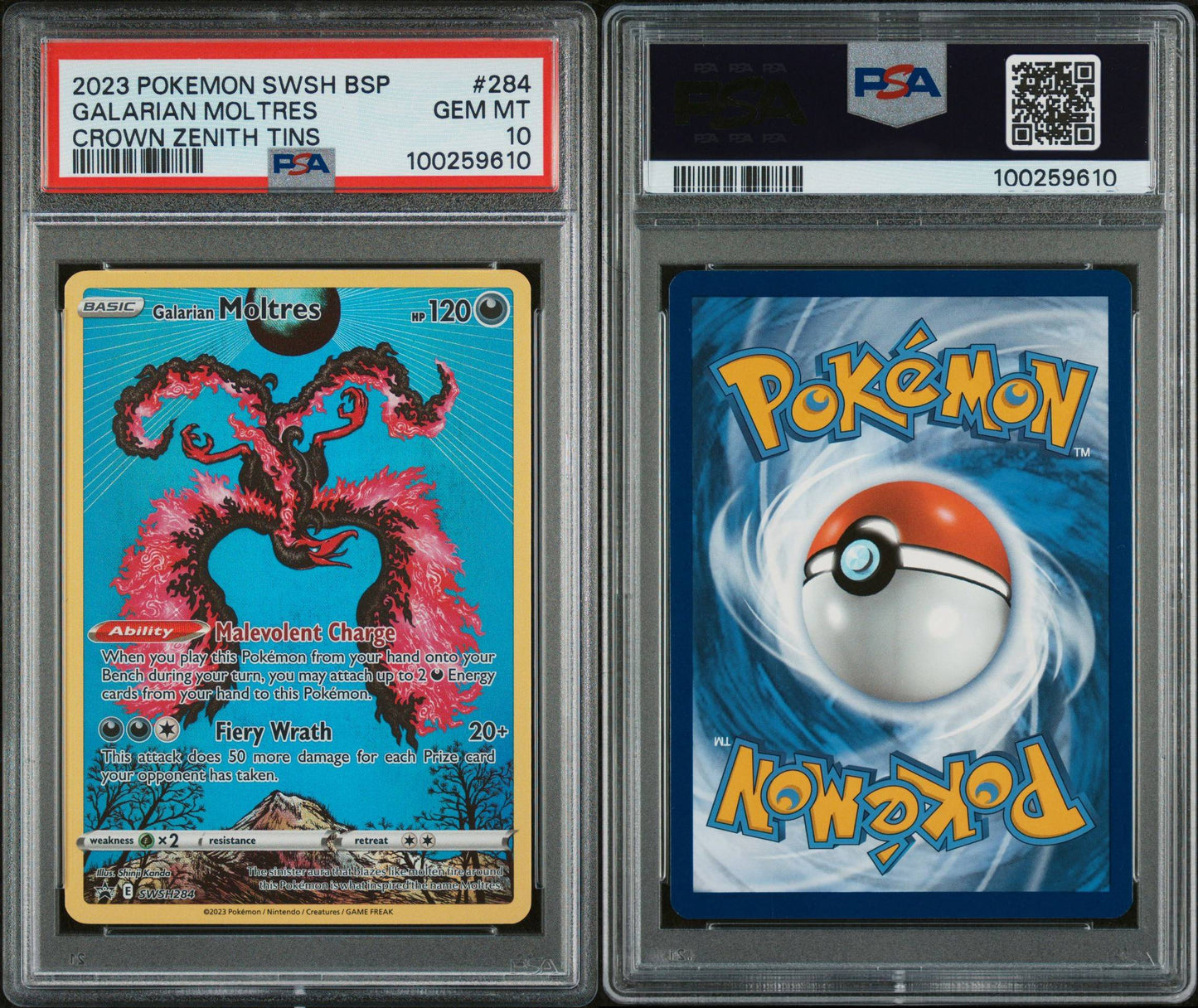 PSA GEM MINT 10 - 2023 POKEMON SWSH BLACK STAR PROMO CROWN ZENITH TINS GALARIAN MOLTRES #284