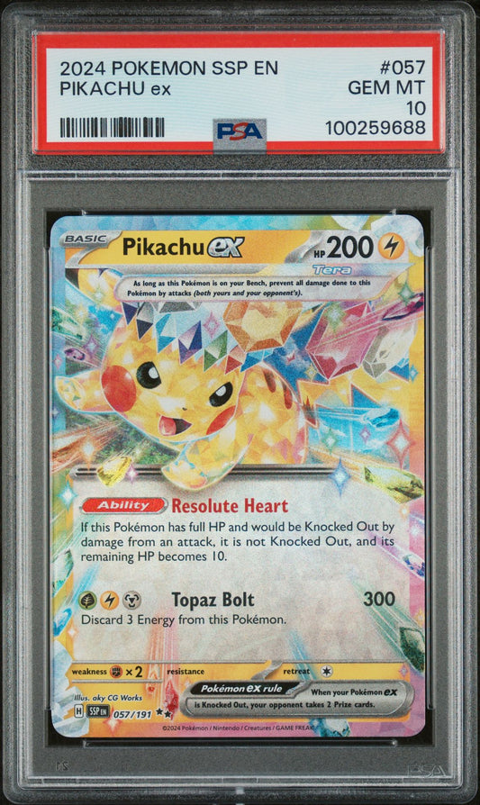 PSA GEM MINT 10 - 2024 POKEMON SSP EN-SURGING SPARKS PIKACHU ex #057