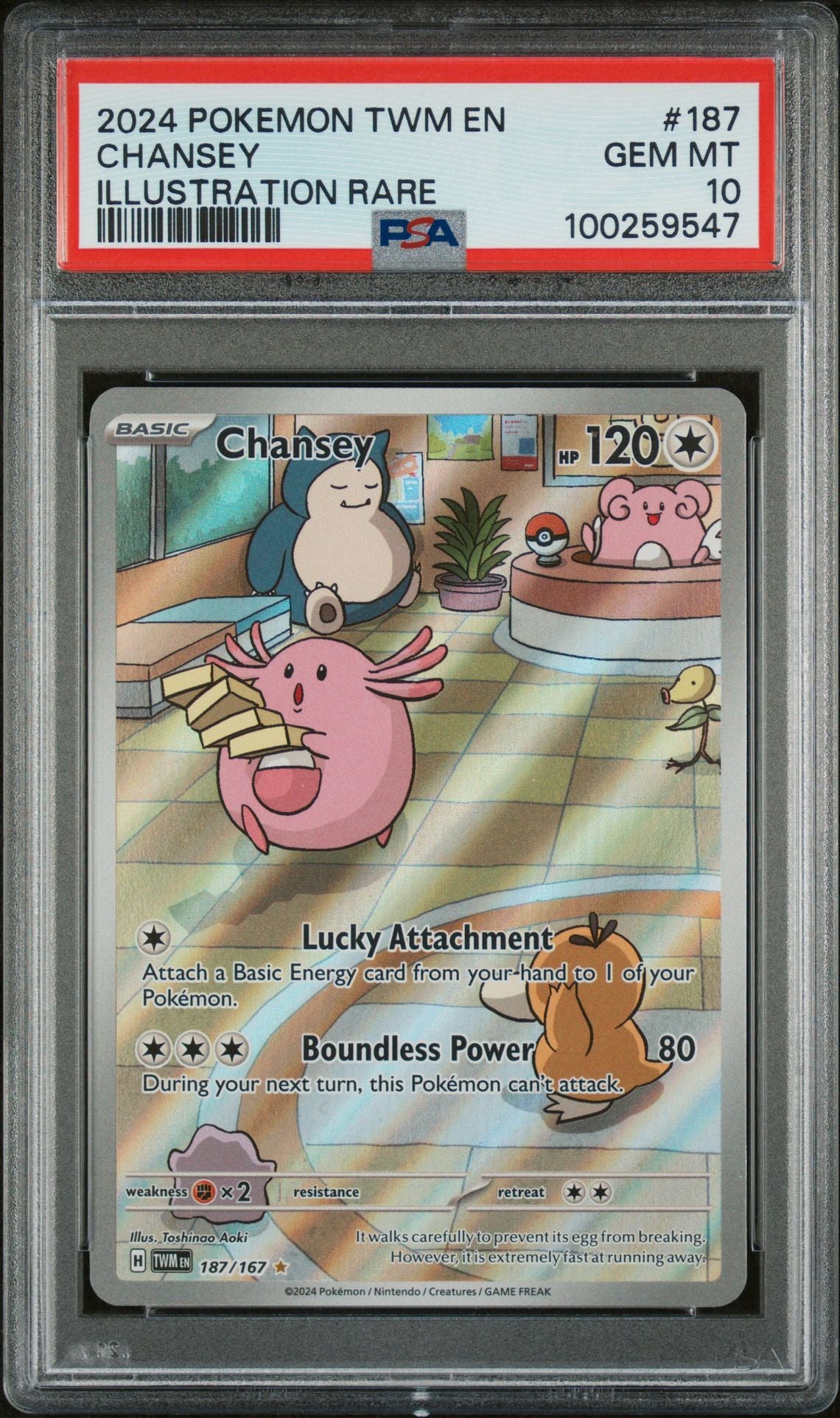 PSA GEM MINT 10 - 2024 POKEMON TWM EN-TWILIGHT MASQUERADE ILLUSTRATION RARE CHANSEY #187