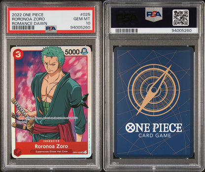 PSA 10 - GEM MINT - 2022 ONE PIECE ROMANCE DAWN 025 RORONOA ZORO