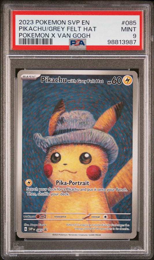 PSA MINT 9 - 2023 POKEMON SVP EN-SV BLACK STAR PROMO POKEMON X VAN GOGH PIKACHU/GREY FELT HAT #085