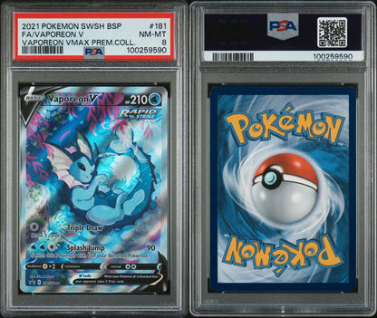 PSA NM-MT 8 - 2021 POKEMON SWSH BLACK STAR PROMO VAPOREON VMAX PREM.COLL.FA/VAPOREON V #181