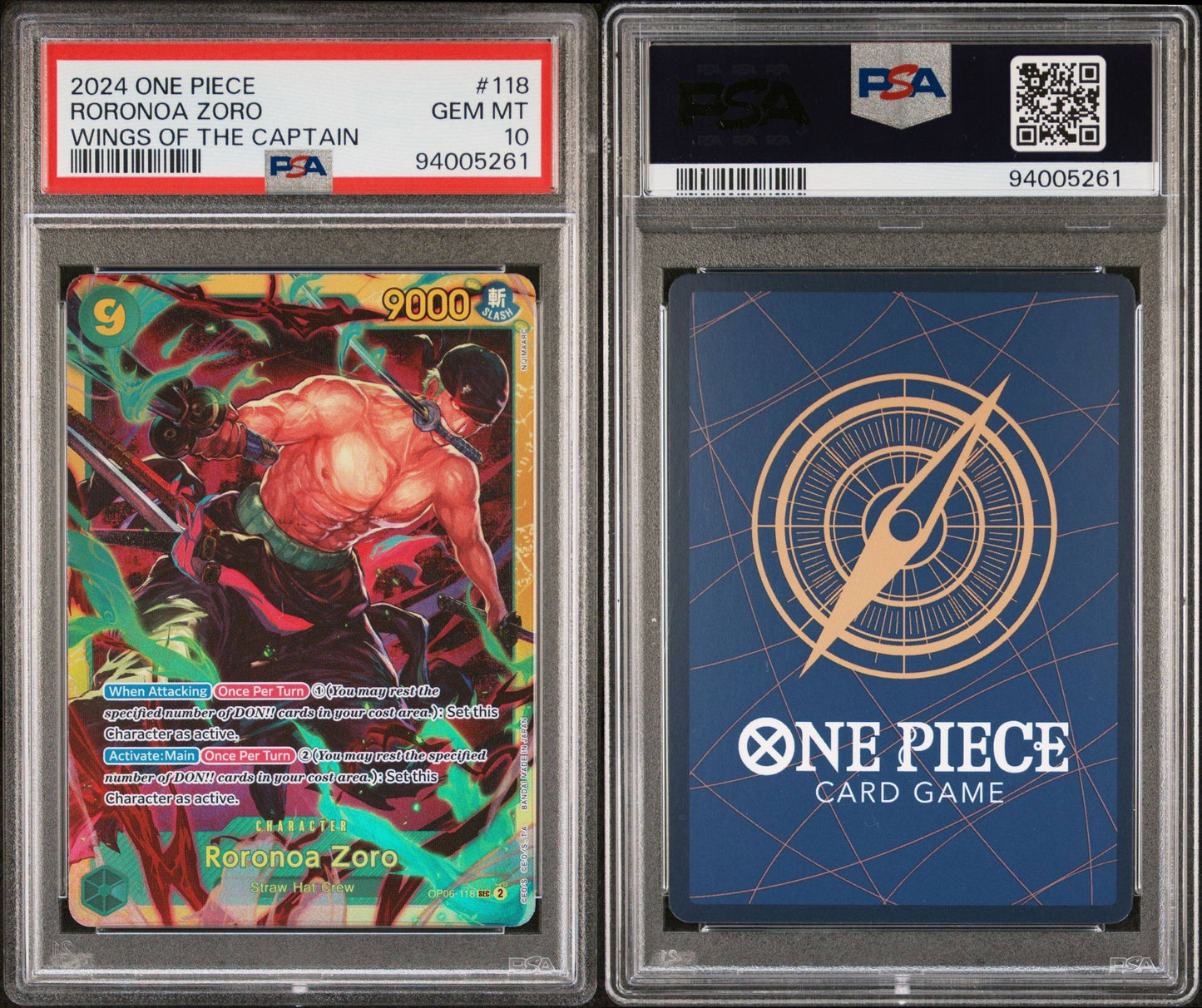 PSA 10 - GEM MINT - 2024 ONE PIECE WINGS OF THE CAPTAIN 118 RORONOA ZORO