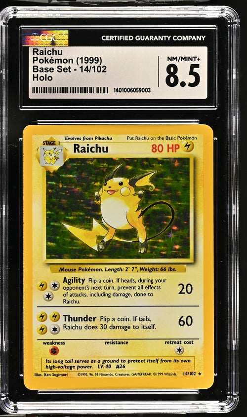 CGC 8.5 - NM/MINT+ POKEMON 1999 RAICHU BASE SET - 14/102 - HOLO