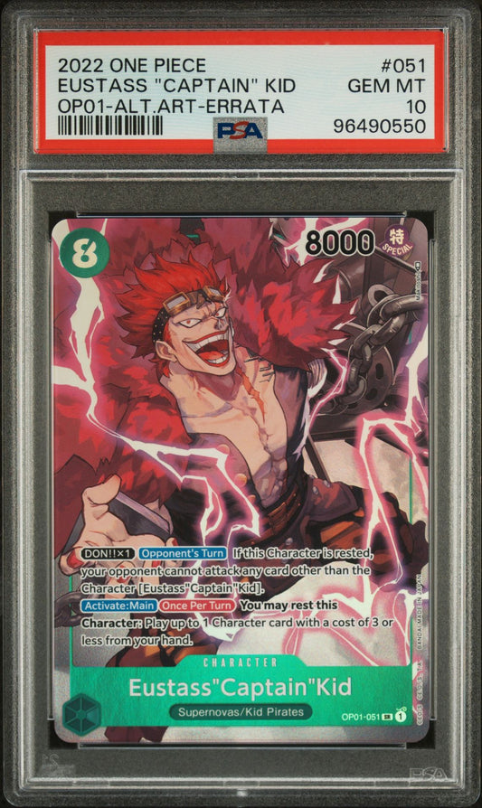 PSA 10 - 2022 ONE PIECE ROMANCE DAWN 051 EUSTASS "CAPTAIN" KID ALTERNATE ART-ERRATA