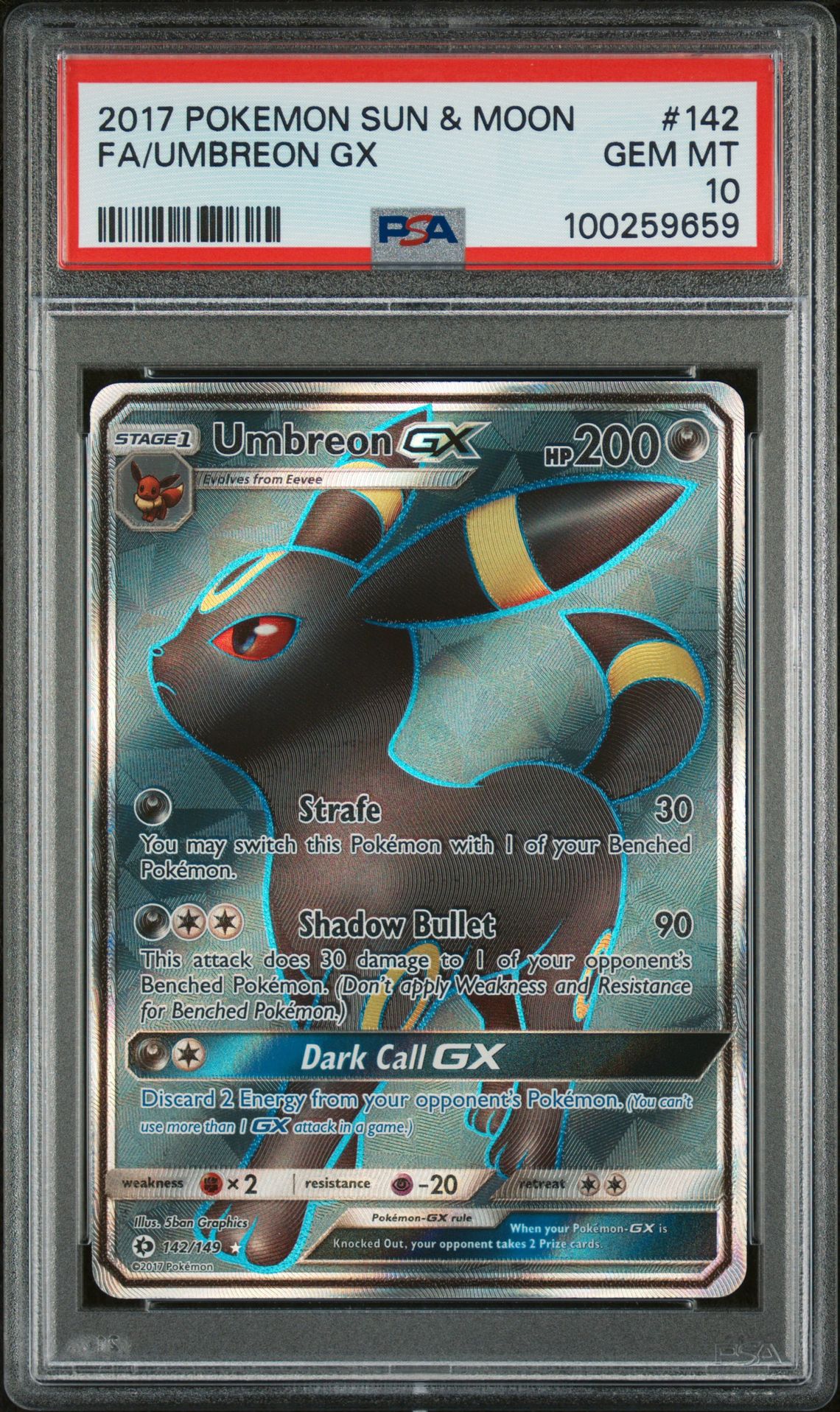 PSA GEM MINT 10 - 2017 POKEMON SUN & MOON FA/UMBREON GX #142